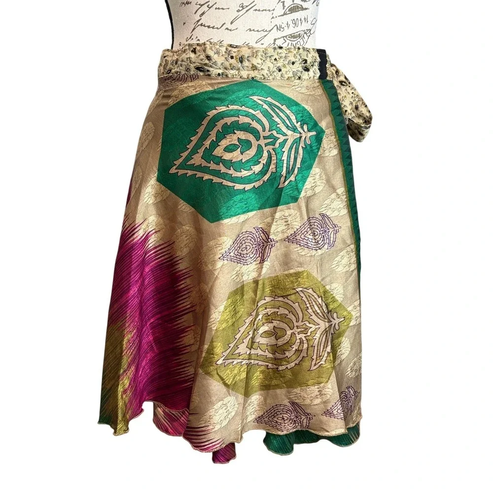 Reversible Silk Wrap Skirt Boho Floral Paisley Multicolor OS 21